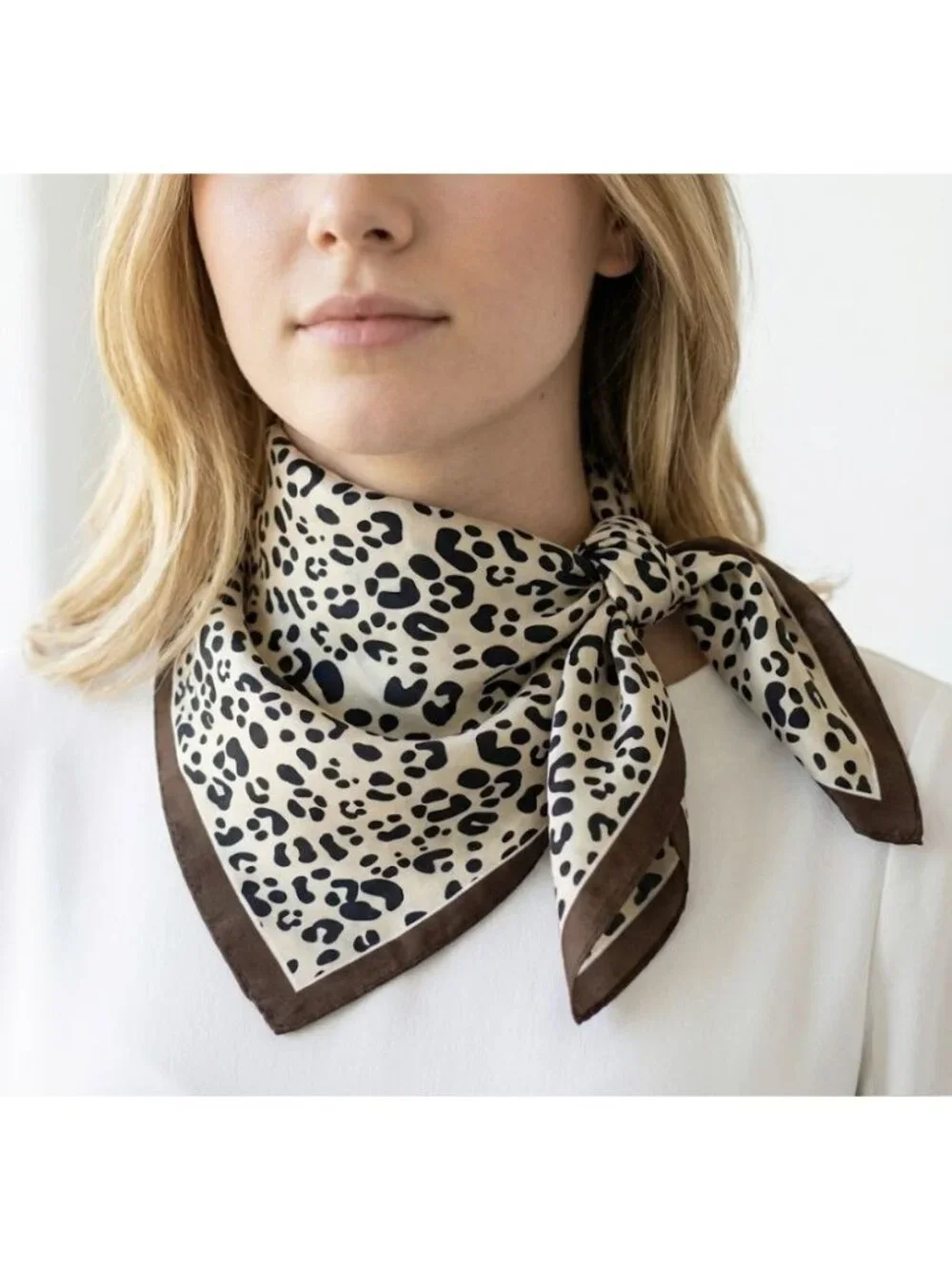 Luxury Elegant Bandana Square Scarf Silky Satin Animal Print Leopard Beige Brown